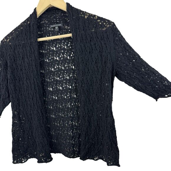 Eileen Fisher Small Wool Cardigan Sweater Crop Black Sheer Crochet Lace Womens - Picture 5 of 12